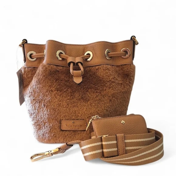 Kate Spade Rosie Mini Bucket Bag Faux Fur Light Fawn Tan Crossbody NWT - Picture 1 of 14